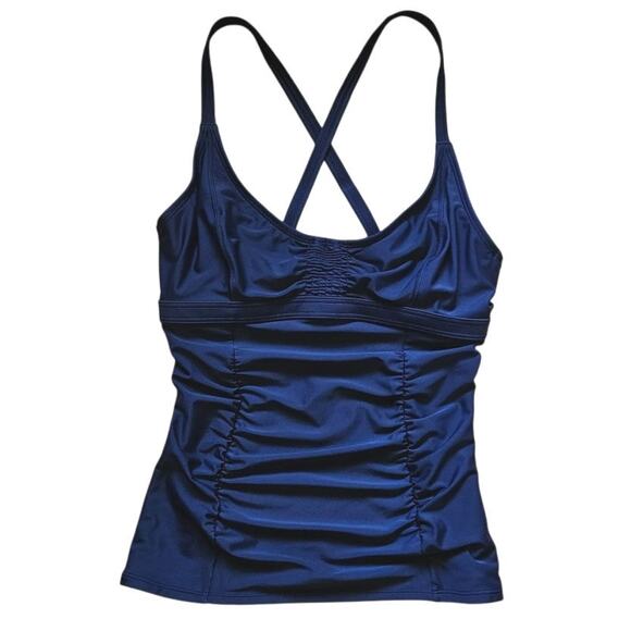 Athleta Smocked Tankini Swim Top Navy Women's Size 32 D/DD - Picture 1 of 10